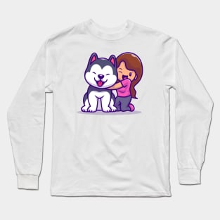 Cute Girl With Husky Dog Long Sleeve T-Shirt